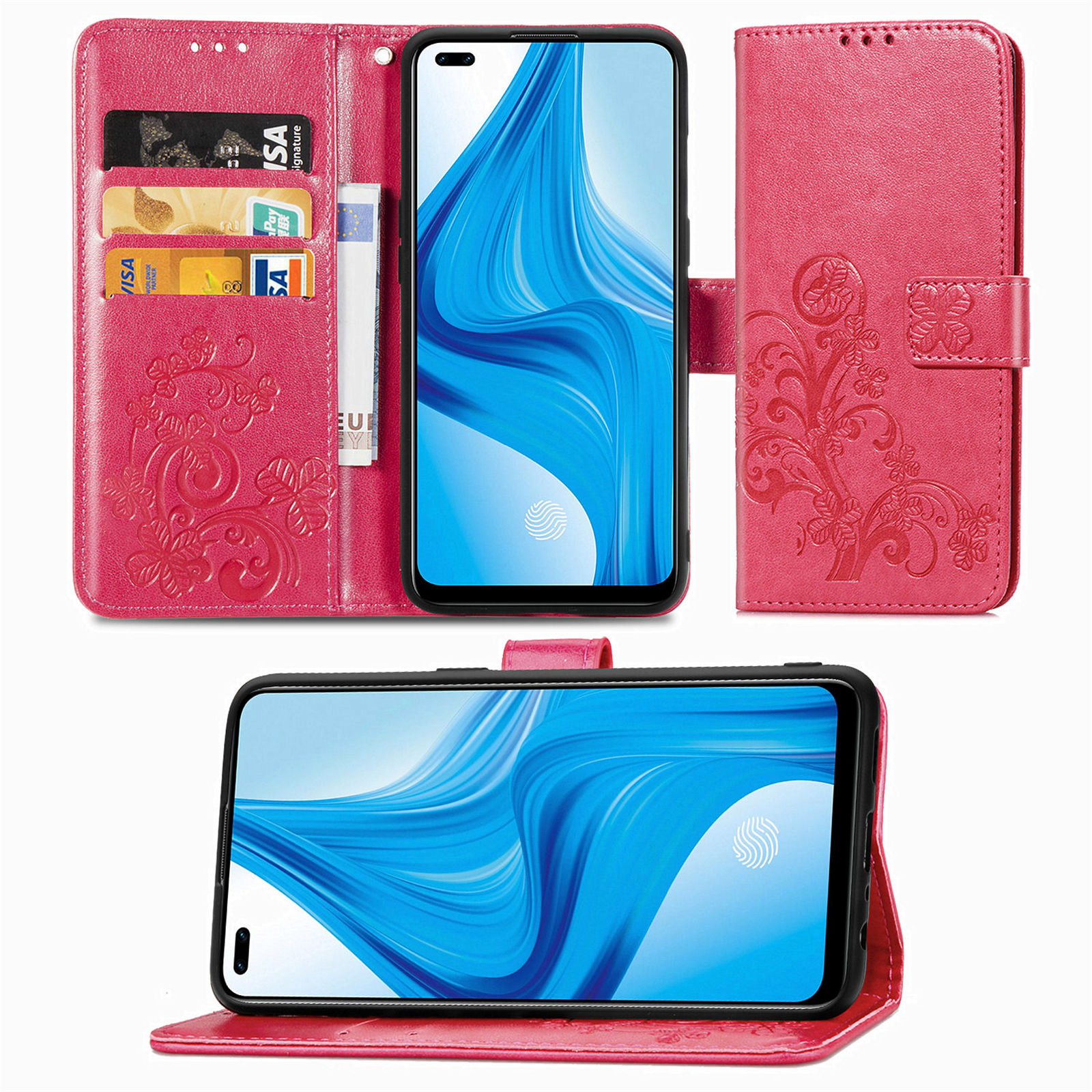 casing OPPO R11 S Plus A83 A1  A5 A3 S AX5 R15 Neo F9 Pro A7 X U1 R17 PU Phone case four leaf clover flower Bumper Flip Leather Protective Support Cover Magnetic Wallet card slot blue pink gray purple red