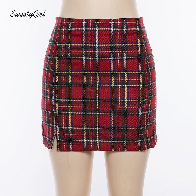 Chân Váy Lưng Cao Hoạ Tiết Sọc Ca Rô Phối Khoá Kéo Thiết Kế Xẻ Quyến Rũ