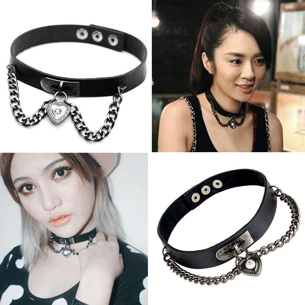 FORBETTER Vòng Cổ Da Đính Trái Tim Phong Cách Gothic