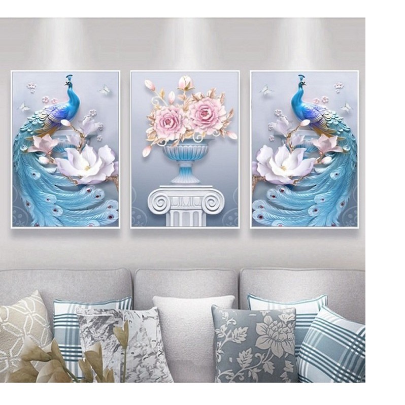 Bộ 3 Tranh canvas treo tường Lala 3D Chim Công trang trí phong thủy kèm đinh 3 chân đa năng