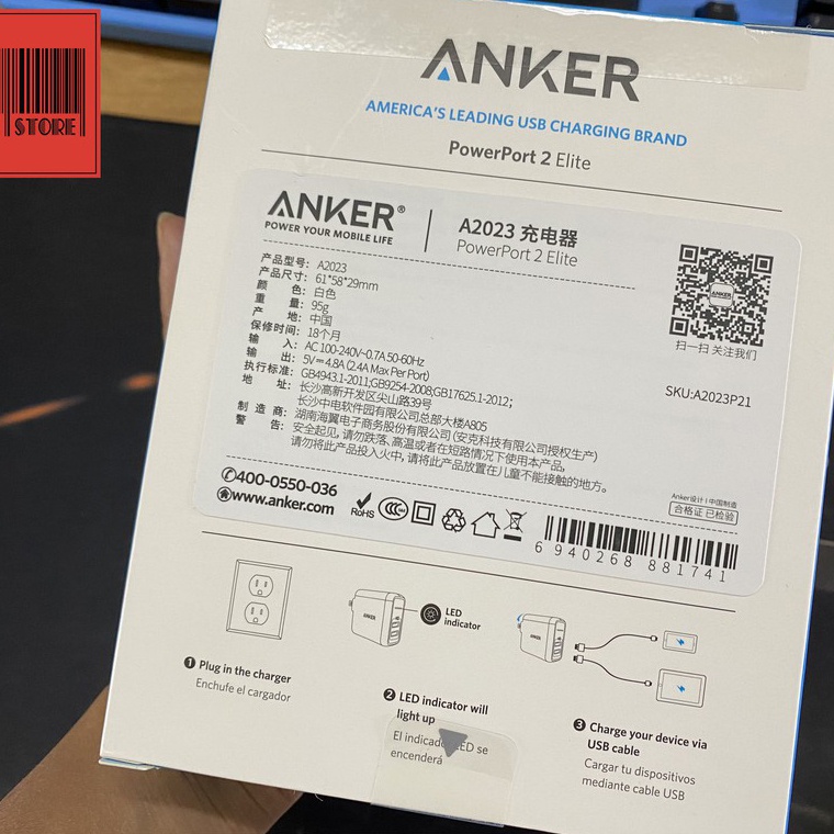 Cốc sạc 2 cổng Anker A2023P21 PowerPort 2 Elite 24W (Trắng) - Nhất Tín Computer