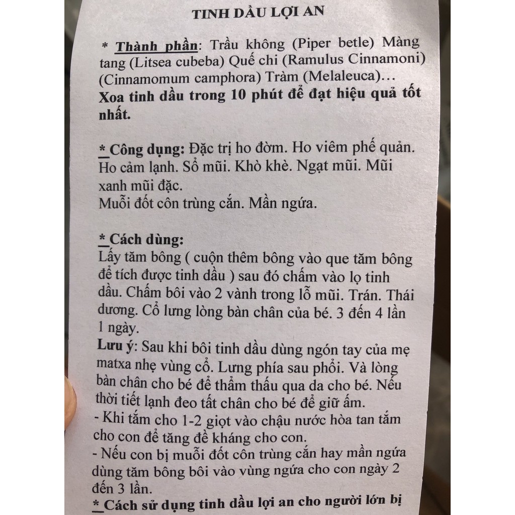 Tinh dầu Lợi An cho bé [FREESHIP] .Tinh dầu bôi ngoài da trị dứt điểm ho đờm, khò khè, sổ mũi, ngạt mũi cho bé từ sơ sié