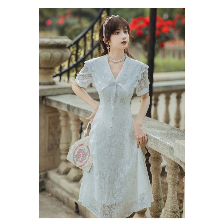 Váy ren trắng ngoại cảnh MS154 đầm nữ thời trang DONNA'S phong cách cổ điển Retro Pháp