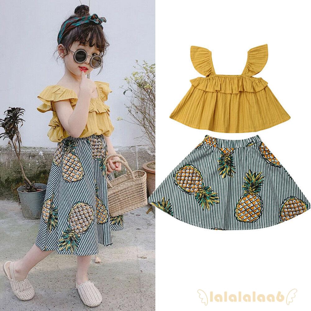 Set áo croptop trễ vai + chân váy họa tiết quả dứa nữ tính