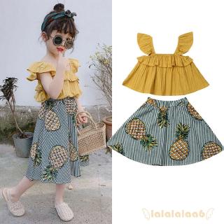Set áo croptop trễ vai + chân váy họa tiết quả dứa nữ tính