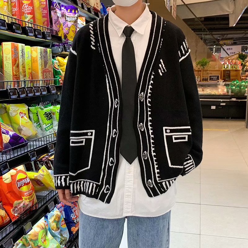 Áo Khoác Cardigan Dệt kim In Họa Tiết Graffiti Phong Cách Nhật Bản Thời Trang Đường Phố Cho Nam Và Nữ