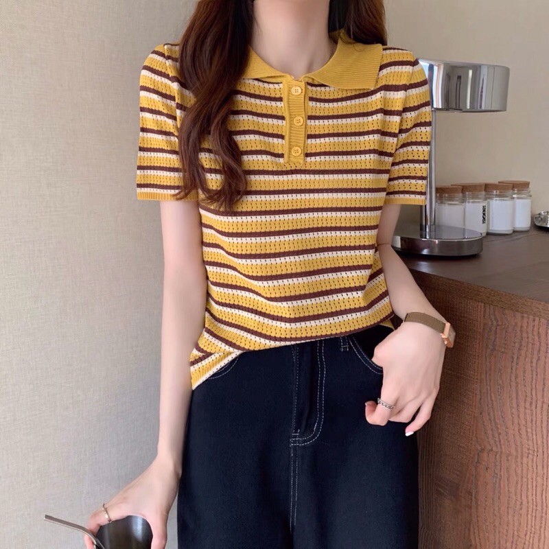 áo len mỏng cộc tay kẻ sọc ngang cổ bẻ khuy polo - len thông hơi