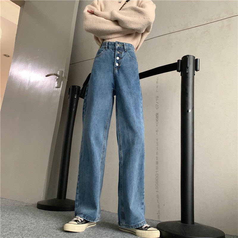 IELGY Quần denim Lưng Cao Dáng Rộng Màu Xanh Dương Phong Cách Hàn Quốc Thời Trang Cho Nữ