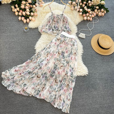 Váy Maxi Đi Biển Set Váy Hai Dây Voan Hoa Cho Mùa Hè 2021