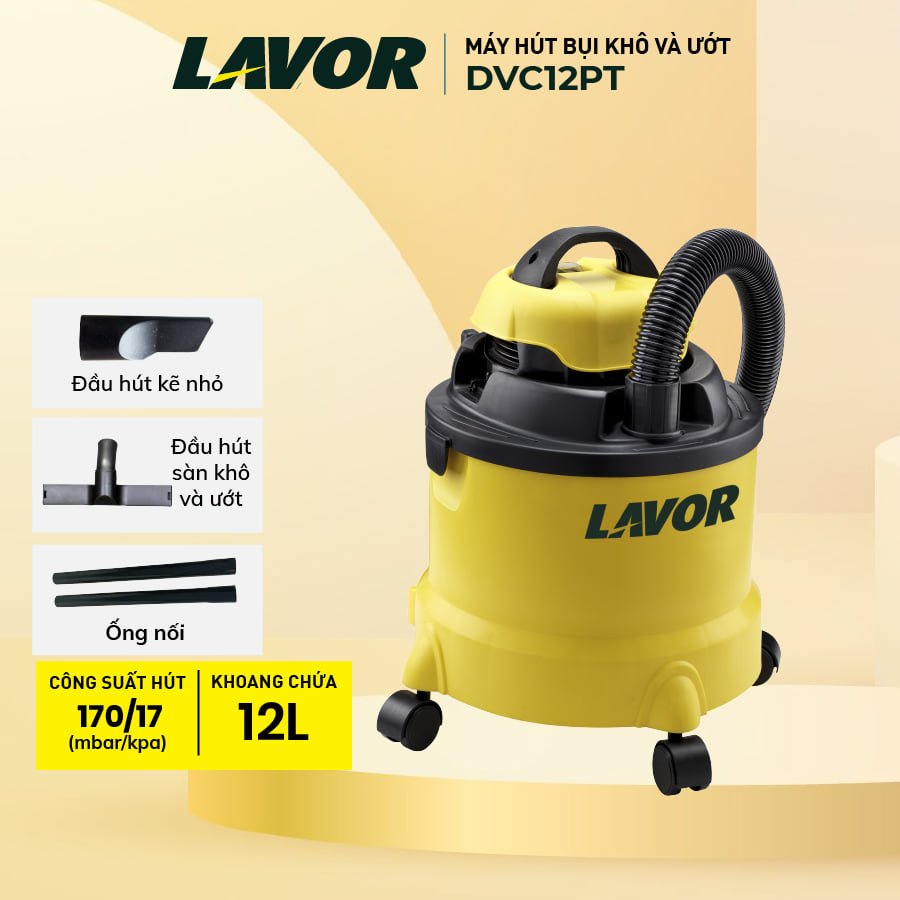 Máy hút bụi Lavor DVC12PT, hút bụi khô và ướt cùng lúc, mạnh mẽ tiết kiện điện năng, Bảo hành chính hãng 12 tháng