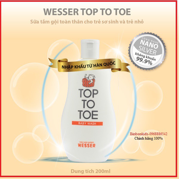 Sữa/Dầu tắm gội Wesser Nano Silver TOP TO TOE cao cấp 200ml màu trắng chính hãng nhập khẩu Hàn Quốc cho bé yêu