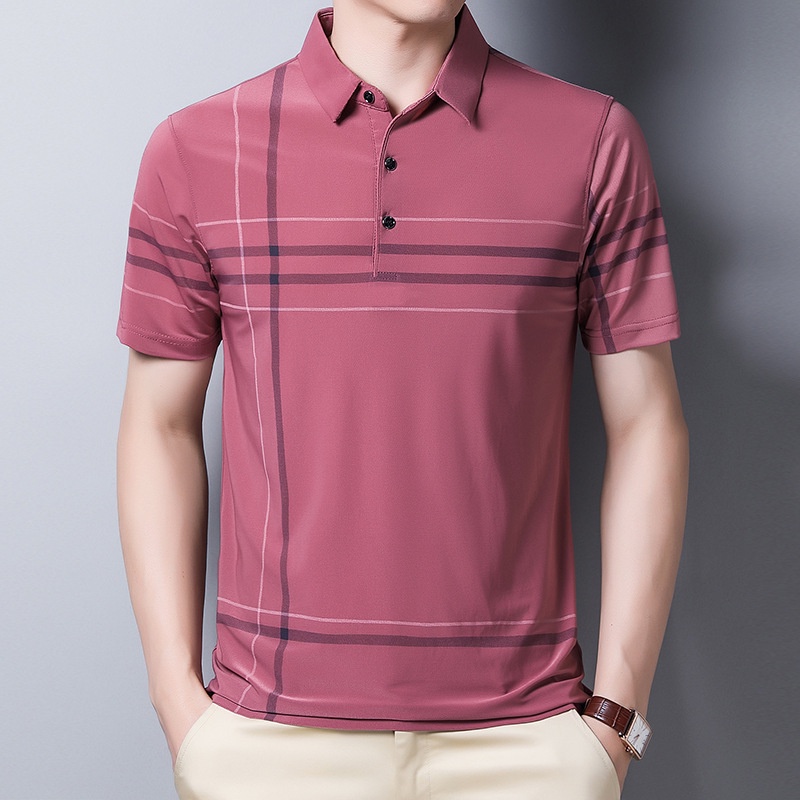 Áo Thun polo Tay Ngắn Dáng Ôm Vải Lụa Lạnh Mỏng Nhanh Khô In Họa Tiết Caro Kiểu Hàn Quốc Thời Trang Cho Nam