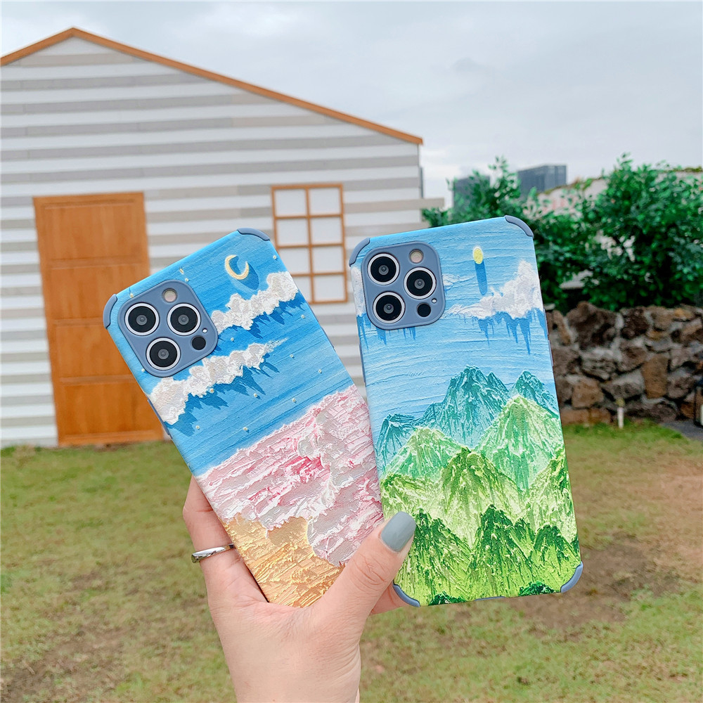 Beautiful Green Mountain Imitation Leather Case Xiaomi Mi 8 9 10 11 Pro Mi10 lite Redmi Note 7 8 9 K20 K30 K40 Note9 Note8 Note7 Casing Soft TPU Silicone Simple Cover