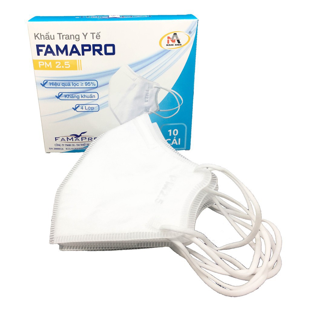 Khẩu trang FAMAPRO PM2.5, Tiêu Chuẩn Xuất Khẩu BFE ≥95% (10 Cái / Hộp - Trắng)