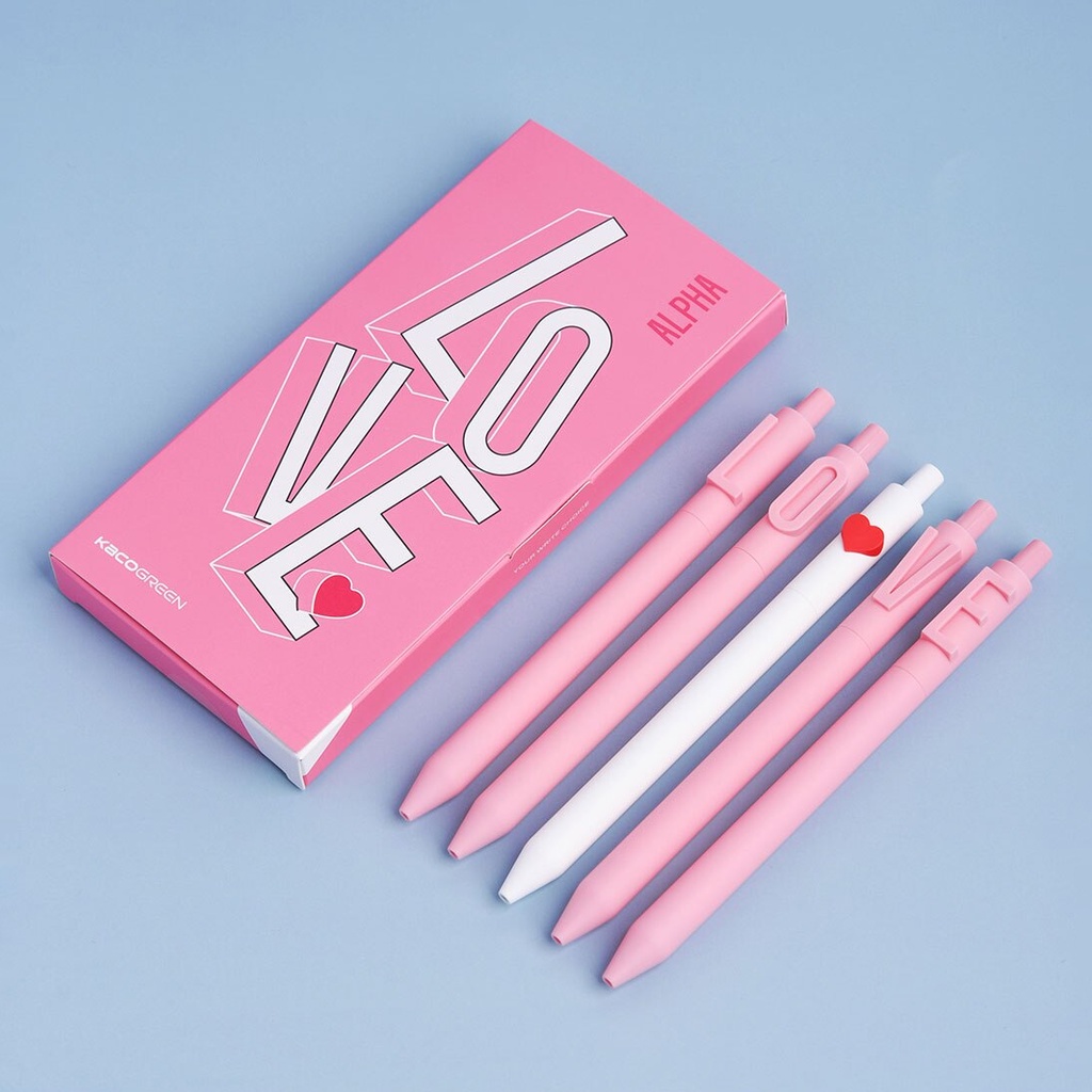 [Hỏa Tốc HCM] Bộ 5 Bút Gel Mực Đen KACO ALPHA Chữ ❤LOVE - Ngòi 0.5mm
