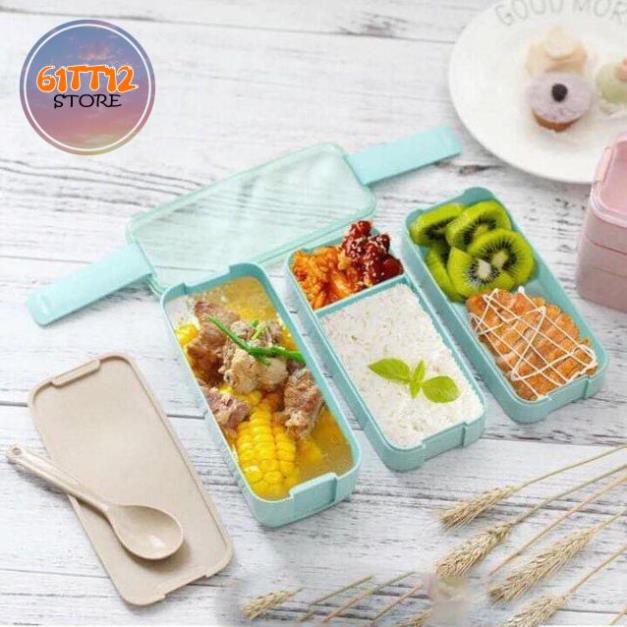 Hộp Cơm Lúa Mạch 3 Tầng LunchBox Kèm Thìa Dĩa