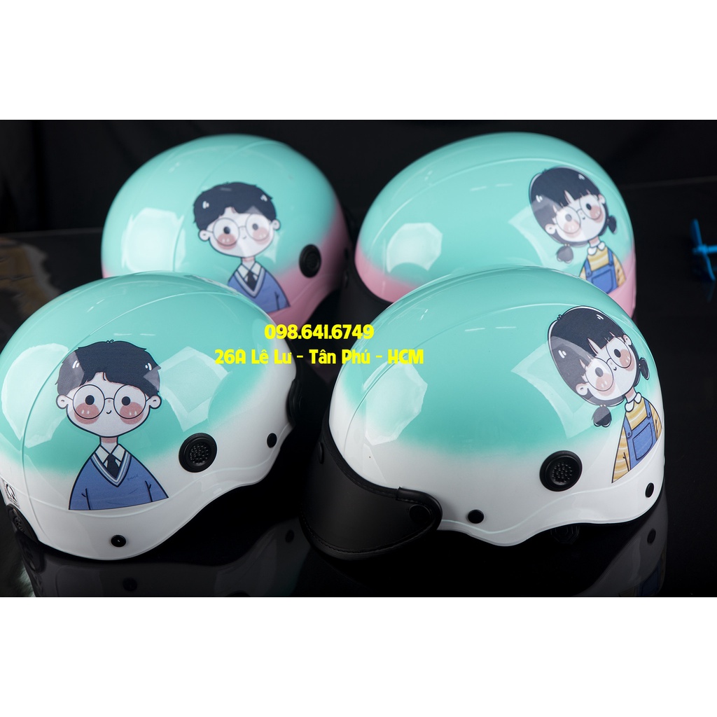 MŨ NÓN BẢO HIỂM NGƯỜI LỚN Cặp đôi Chibi Trai - Hồng Xanh