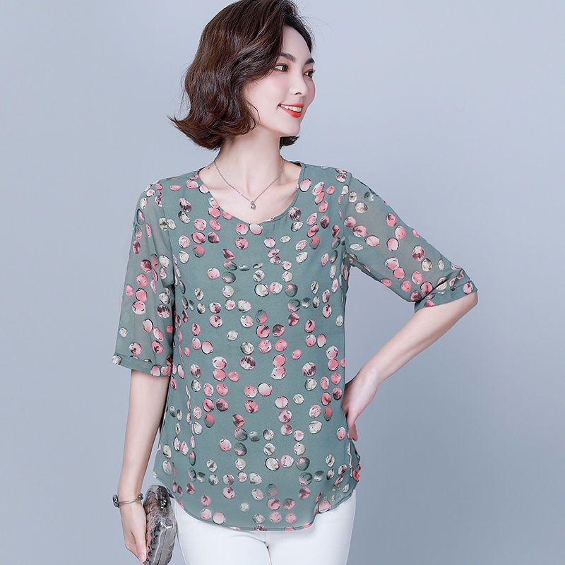 Áo chiffon tay lửng họa tiết hoa plus size cho phụ nữ trung niên