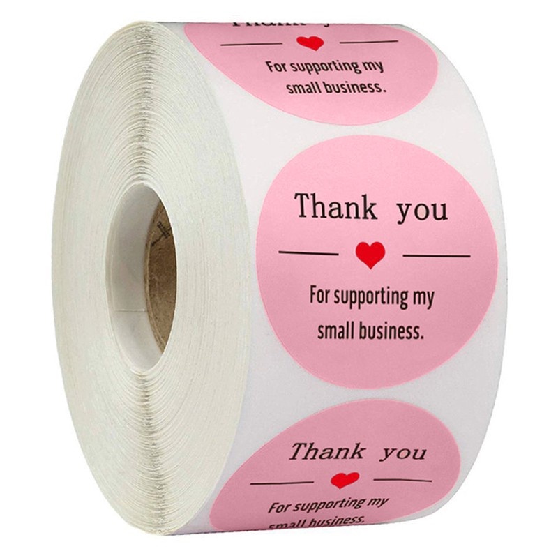Cuộn 500 Miếng Dán Trang Trí Sổ Tay Hình Tròn / Trái Tim Màu Hồng In Chữ Thank You Dễ Thương
