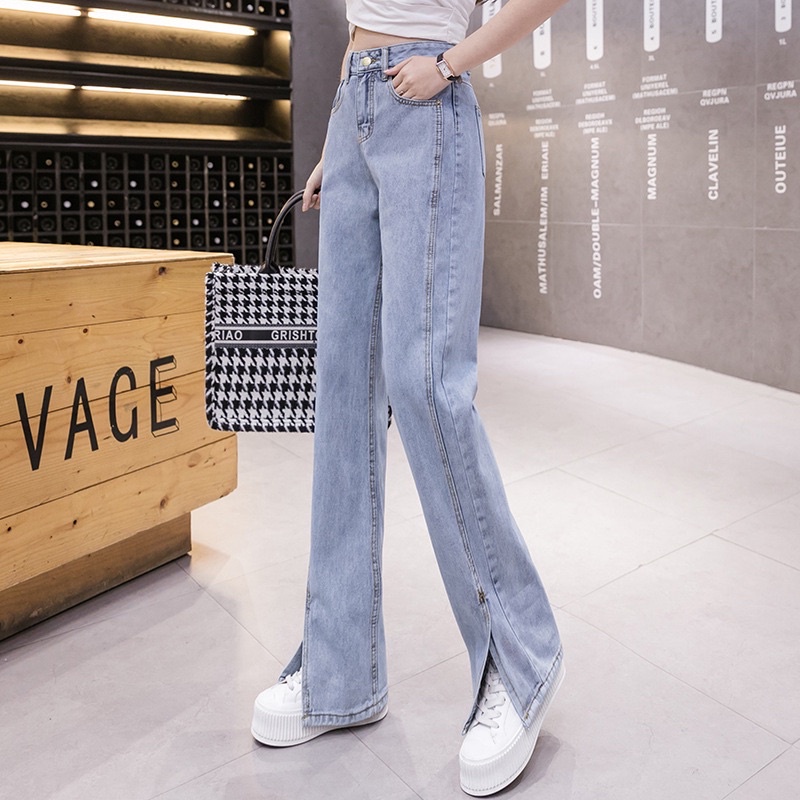 Quần Jean Nữ AIORI Ống Rộng Lưng Cao Trơn Xẻ Lai Jeans Ống Suông Cạp Cao Cotton Mềm Mịn, Thời Trang Hàn Quốc_AF3391