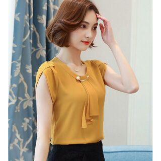 Áo cổ tròn phối nơ xỏ khoen