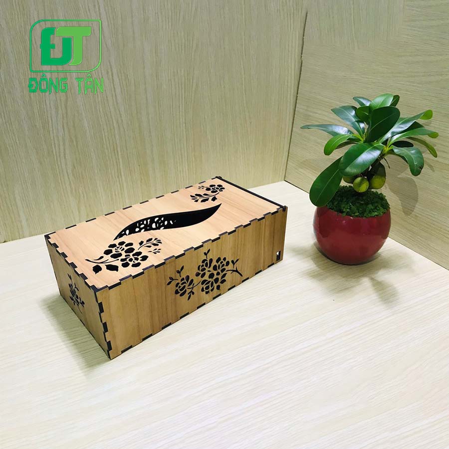 Hộp Đựng Khăn Giấy Ăn Bằng Gỗ Hình Chữ Nhật  ĐÔNG TÂN Khắc Hình Hoa Mai Tặng Kèm Ống Tăm Gỗ