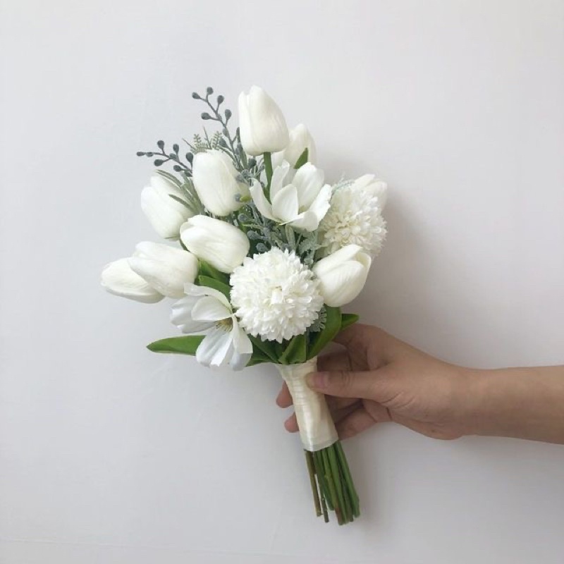 HOA LỤA CAO CẤP HOA HOA GIẢ CẦM TAY CÔ DÂU NGÀY CƯỚI TULIP MÀU SẮC PASTEL