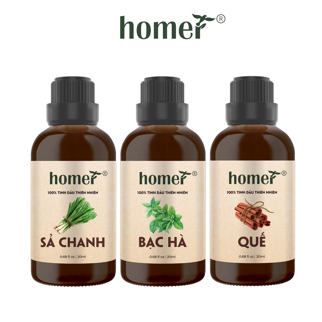 Combo 3 tinh dầu Sả Chanh + Bạc Hà + Quế Homer 20ml/chai