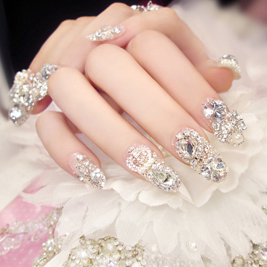 [Hàng Sẵn] 10 cái / Hộp Kim Cương Giả Ngọc Trai Móng Tay Giả Nữ Cô Gái Full Bìa Đầu Móng Giả 【Fluorine073】