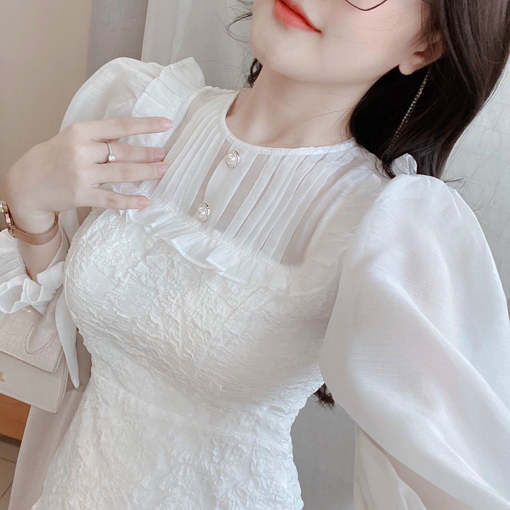 Đầm Gấm ❤️FREESHIP❤️ Dáng Xòe Cổ Tròn Tay Nơ Xếp Ly Ngực