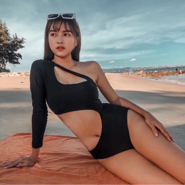 Bikini 1 Mảnh Lệch Vai Tay Dài Khoét Eo, Bodysuit Áo Tắm Liền Thân Cut Out Đơn Giản [Ảnh Chụp Thật]  - OS070