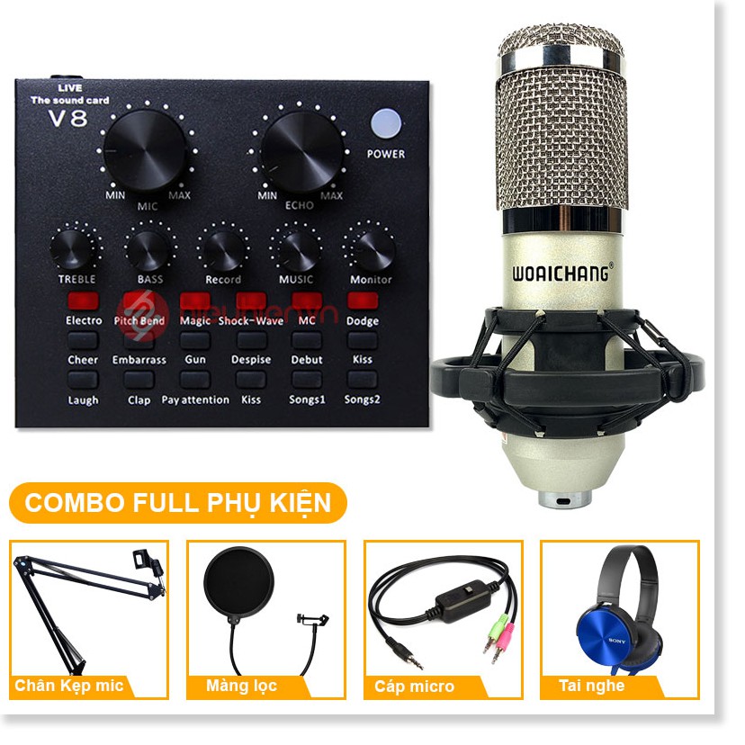 Trọn Bộ micro thu âm livestream chuyên nghiệp Combo Micro BM 900 Woaichang + Sound Card V8 – Thu âm hát live stream, kar