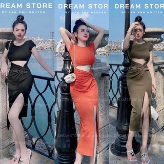 Đầm Thun Khoét Xoắn Eo Tay Ngắn Cổ Tròn - Dáng Dài Maxi Xẻ Tà Ôm Body Sexy
