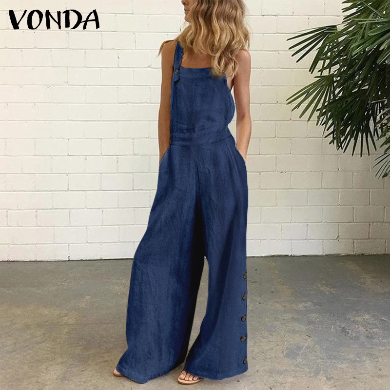 Bộ áo liền quần hai dây Vonda có túi ống quần rộng thời trang mùa hè cho nữ