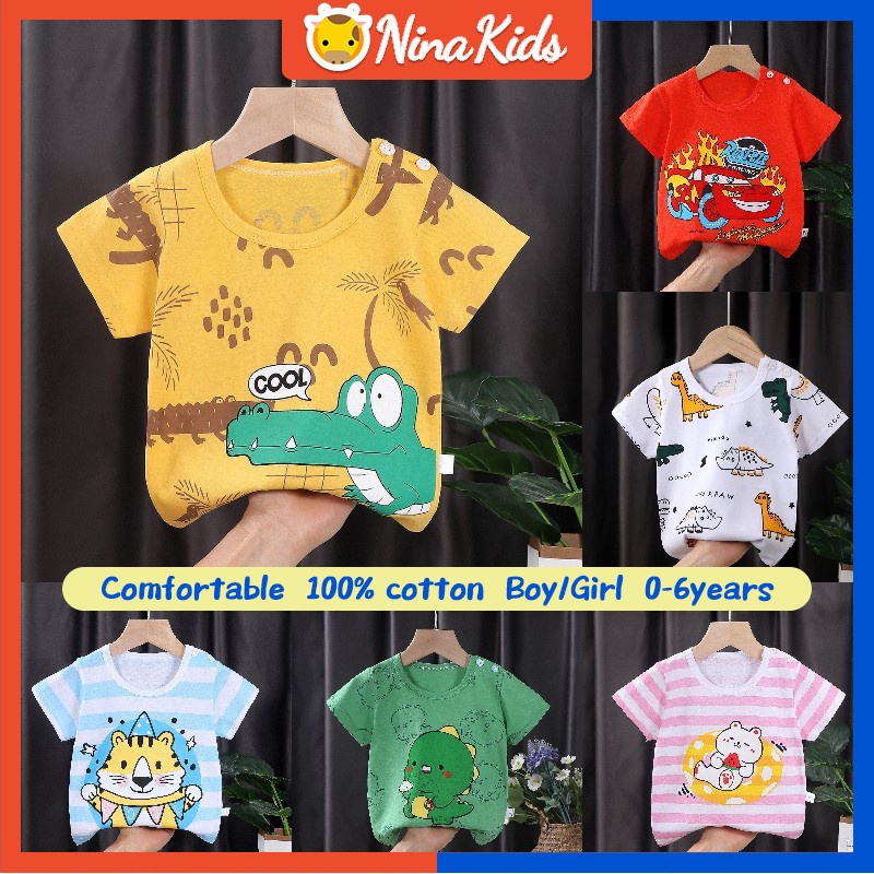 Áo thun bằng cotton tay ngắn in họa tiết hoạt hình đáng yêu thời trang mùa hè cho trẻ em 0-6 tuổi