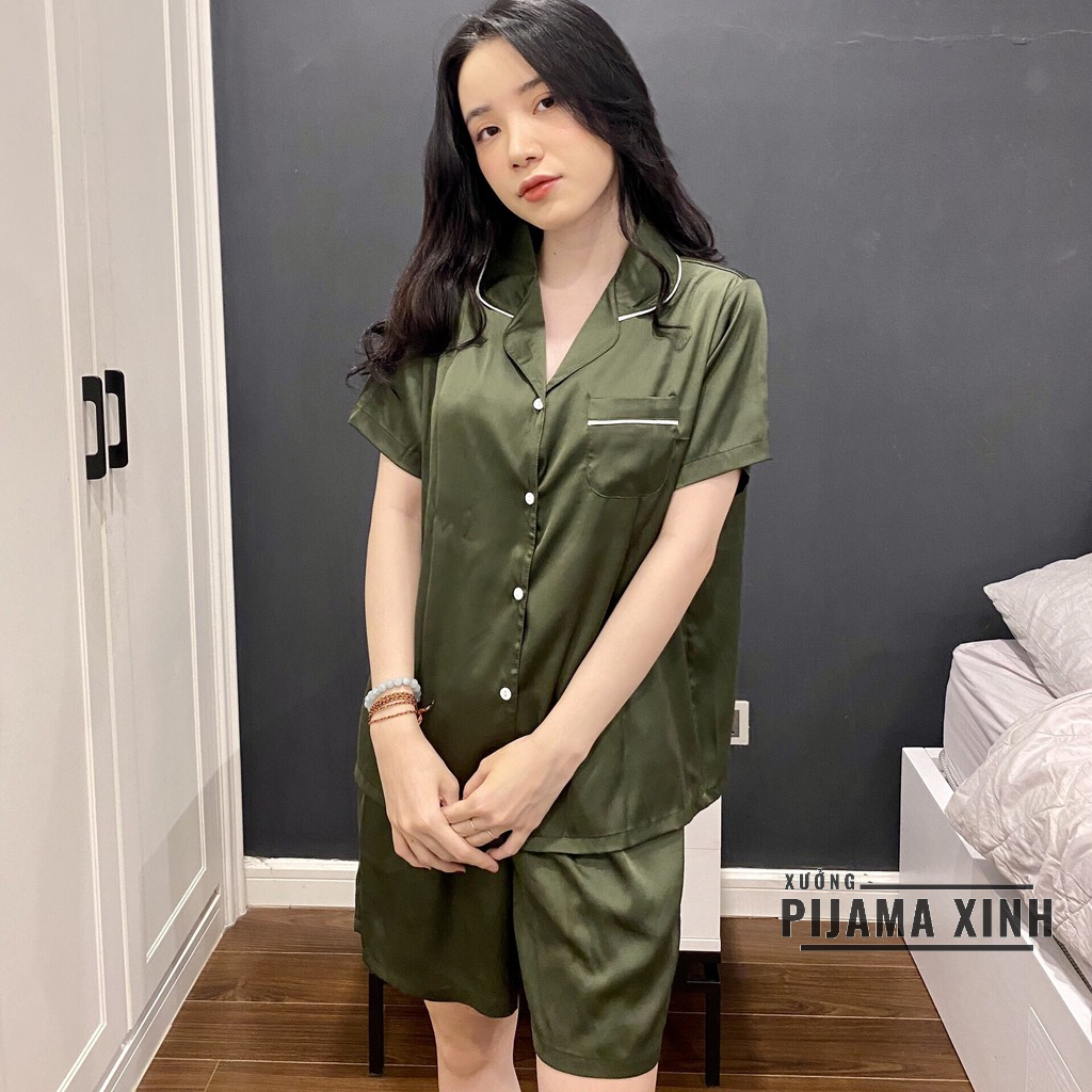 Bộ Pyjama lụa - Chất lụa Latin trơn Màu Xanh Rêu mềm mịn siêu mát Bộ cộc quần đùi