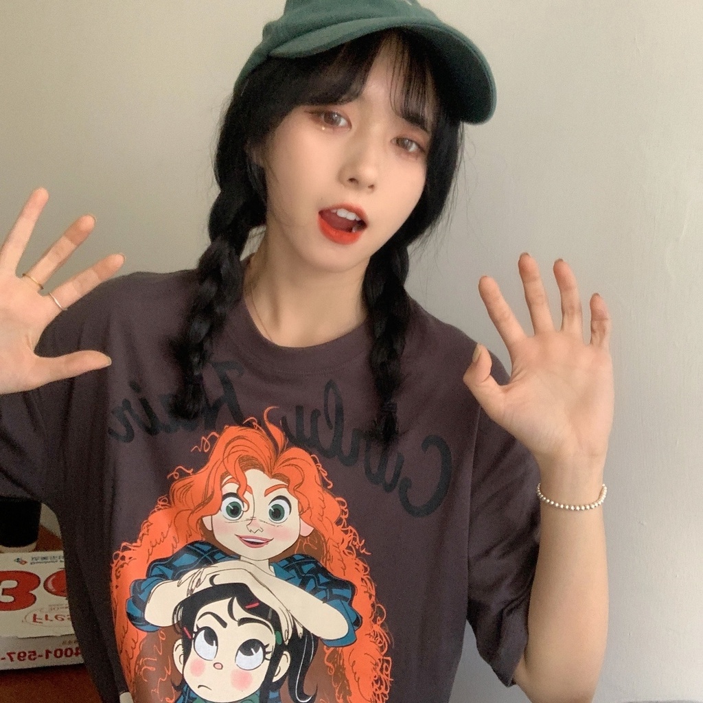 Áo thun tay ngắn cổ tròn in họa tiết hoạt hình thời trang hàn quốc cho nữ