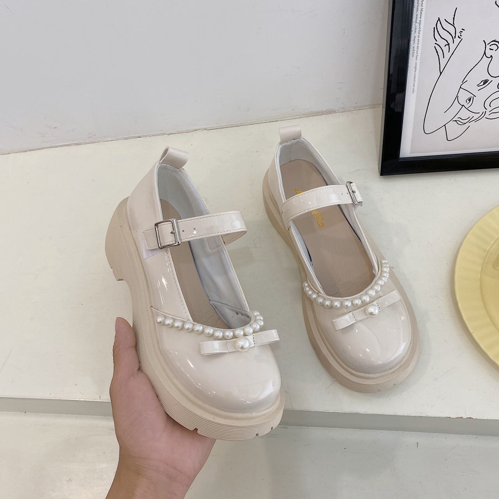 Giày Da Đế Dày Đính Ngọc Trai Phong Cách Anh Quốc Thời Trang Mùa Hè 2022 Cho Nữ