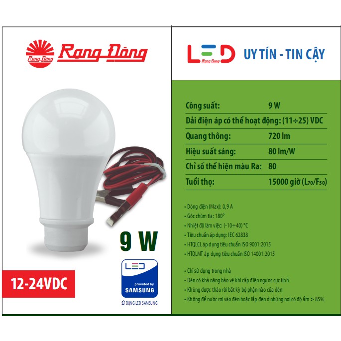 [Mã LIFE10K15 giảm 10K đơn 20K] Bóng Đèn LED Kẹp Bình Ắc Quy 12V - 24V DC 7W / 9W / 12W Rạng Đông, ChipLED Samsung