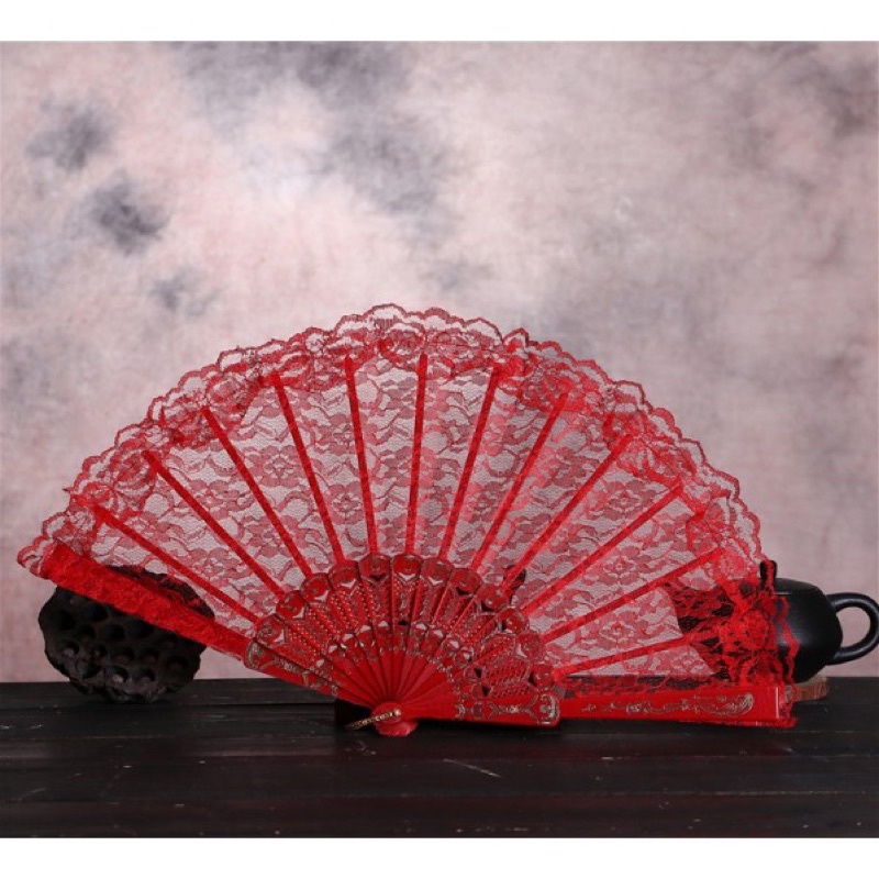 💥💥Quạt Xếp Cầm Tay Bằng Vải Lụa Phối Ren Họa Tiết Hoa Phong Cách Trung Hoa💥💥