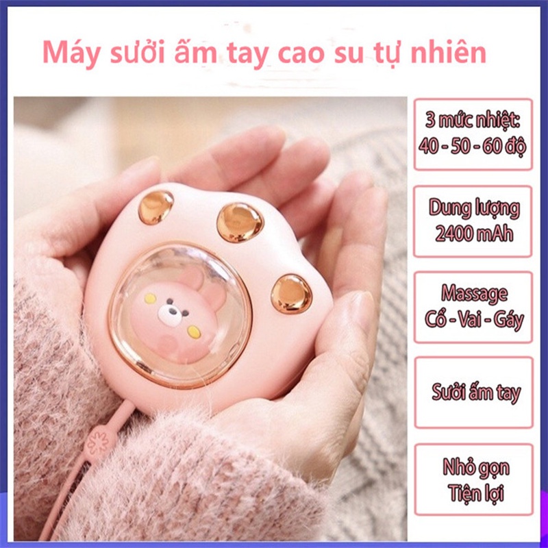 Máy sưởi mini cầm tay đa chức năng, hình chân mèo máy sưởi mini cầm tay nhiệt độ từ 30 đến 60 độ C(pin 2400mAh)