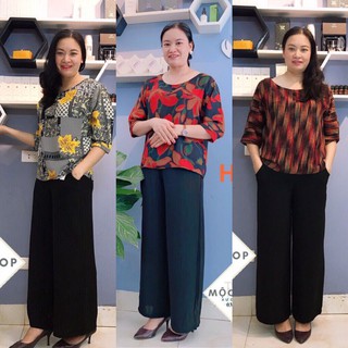 Đồ bộ trung niên cho bà cho mẹ - Bộ quần áo trung niên lụa Hàn châu bigsize quần dài ống rộng