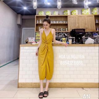 Váy lụa 2s xoắn bụng 2 màu đen vàng
