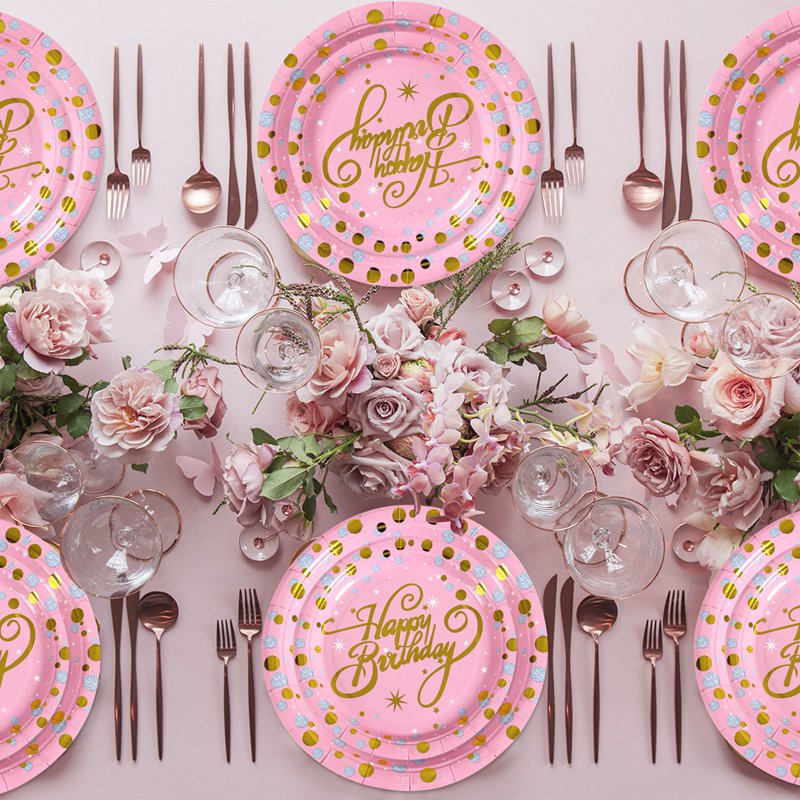 Bộ dụng cụ bàn ăn màu hồng dùng một lần trang trí tiệc sinh nhật