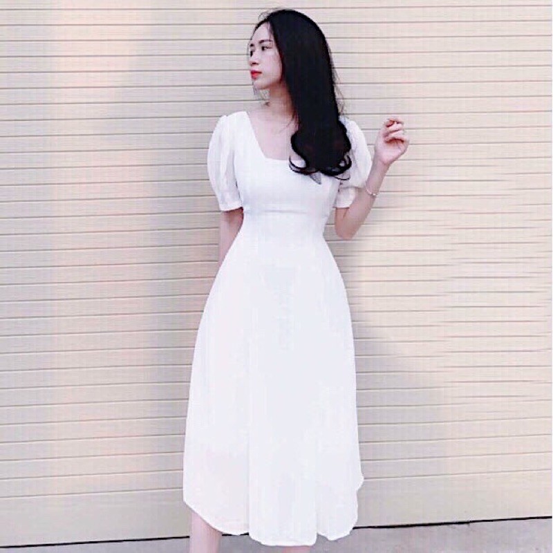 Đầm midi trắng xoè cổ vuông (kèm hình thật)
