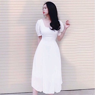 Đầm midi trắng xoè cổ vuông