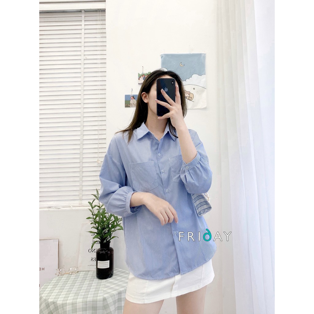 Áo sơ mi thiết kế Oversize hai túi kẻ sọc Xanh Friday | BigBuy360 - bigbuy360.vn