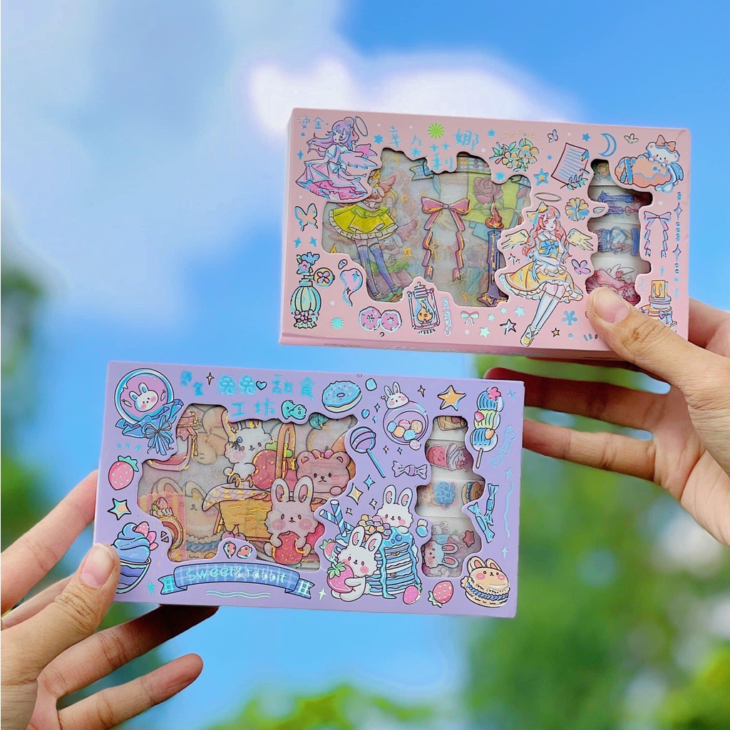 Hộp 10 washi tape + 10 sticker hình dán dễ thương