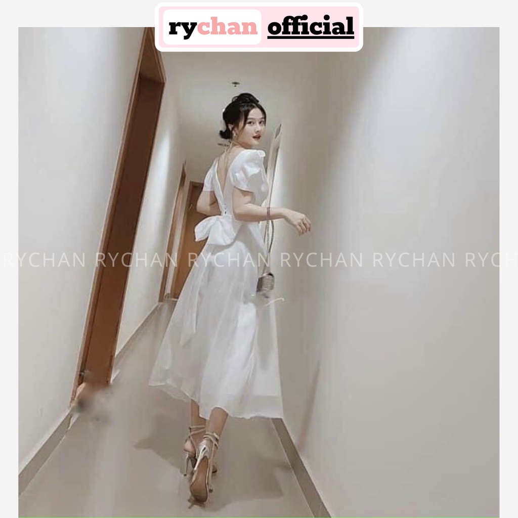Đầm Xòe Midi Trắng Cổ Vuông Tay Phồng Thắt Nơ Lưng Lót Trong Dày Dặn [Ảnh Thật Cuối] - DX0012