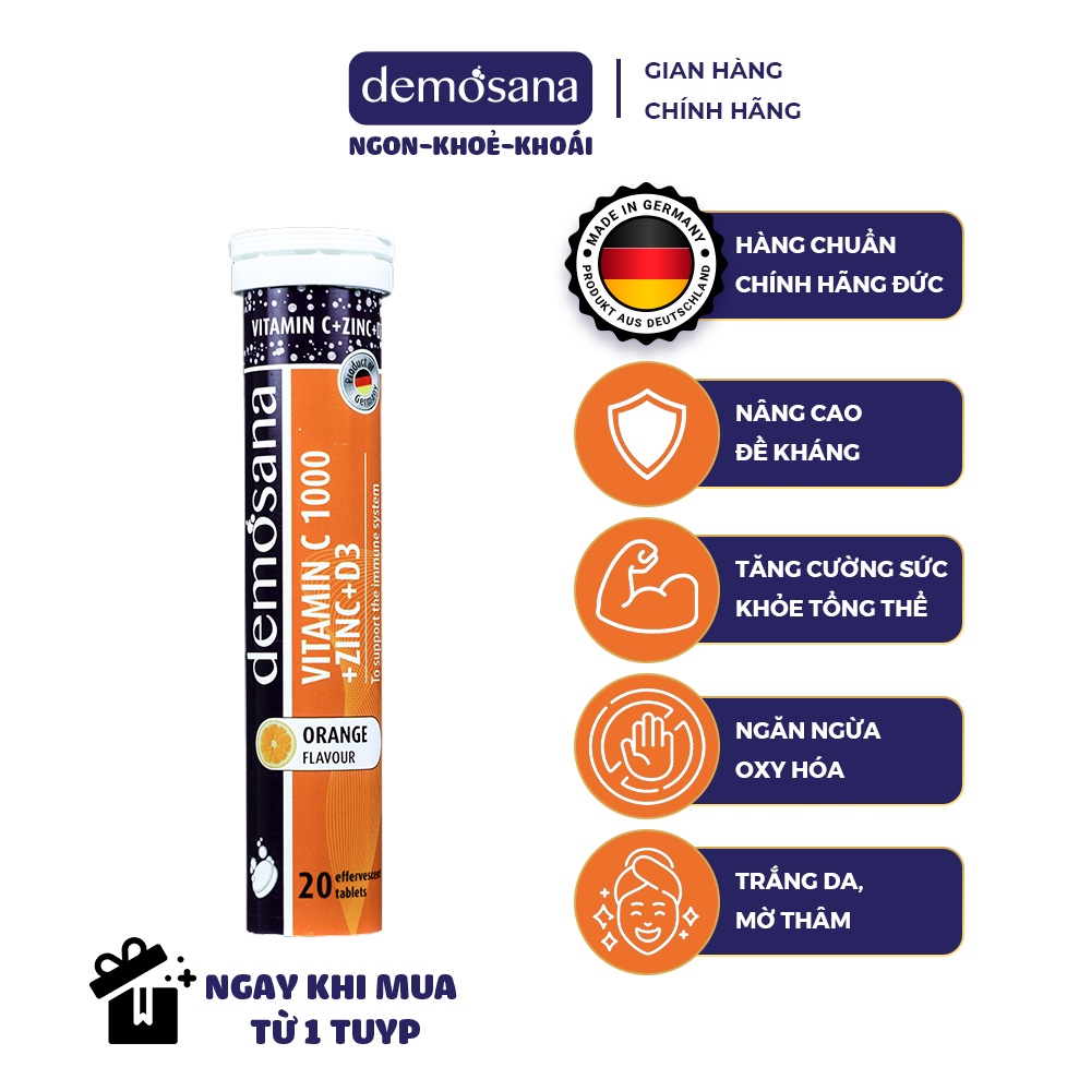 Viên uống bổ sung Vitamin C Demosana C1000 Kẽm D3  sáng da, mờ thâm, tăng cường đề kháng tuýp 20 viên